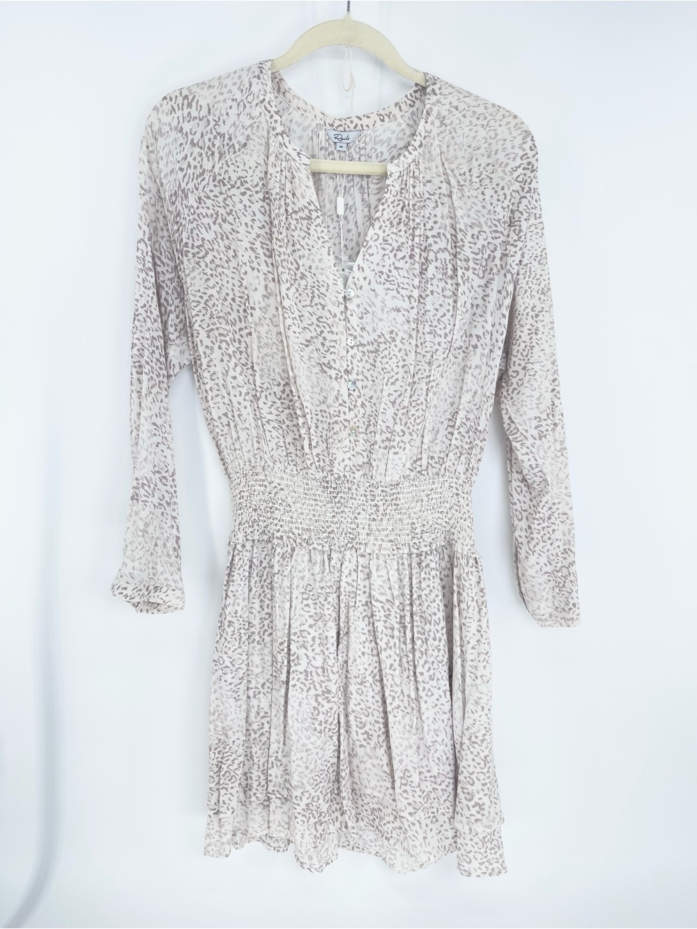 Rails Jasmine Cream Leopard Print Smocked-Waist Long-Sleeve Dress NWT